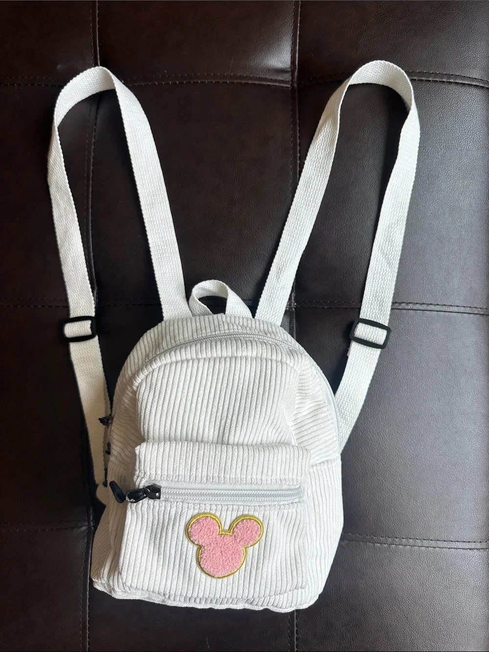 Disney White Corduroy Mini Backpack with Pink Mickey Patch